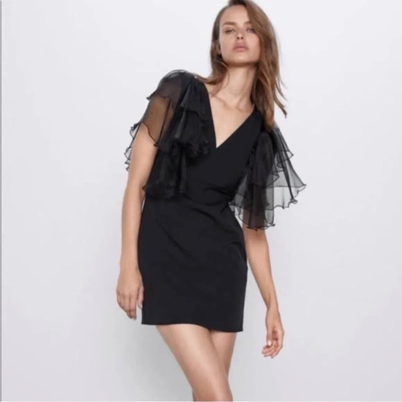 ZARA Black Mini Dress With Organza Sleeves size XS - Picture 11 of 11